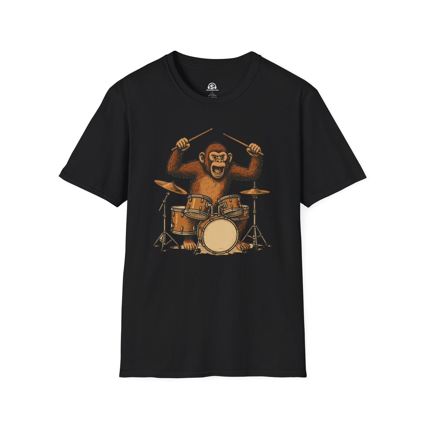 Monkey Drummer T-Shirt – Black front view