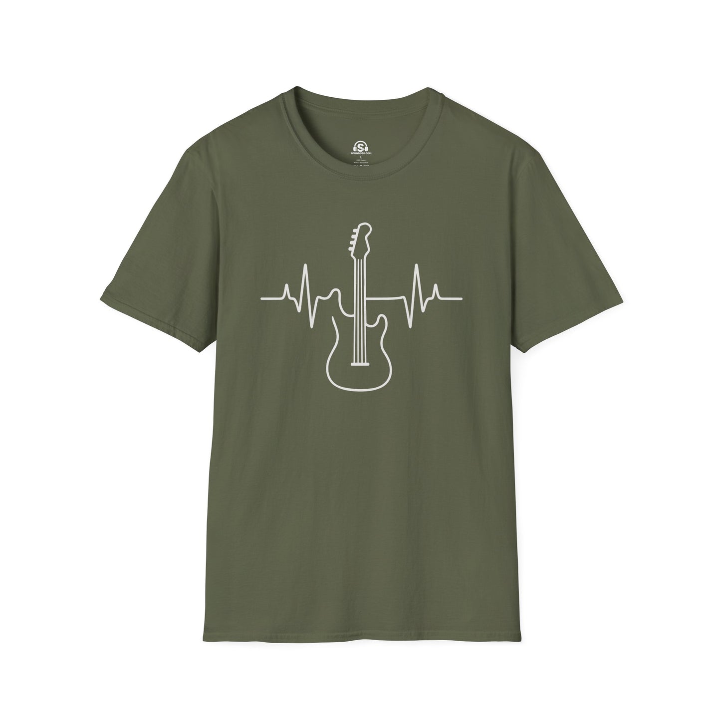 Bass Pulse T-Shirt in Military Green. A heartbeat drawn in one continuous line, straight through a bass, cardiology for players.
