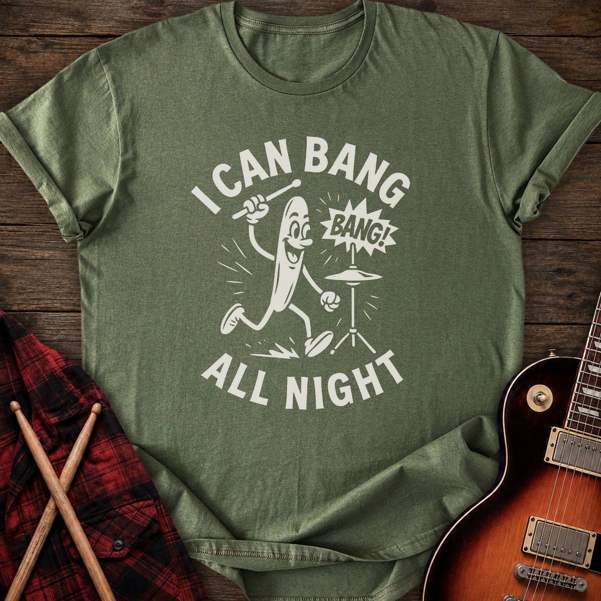 SOUNDOSE Cartoon Drumstick T-Shirt — Military Green t-shirt