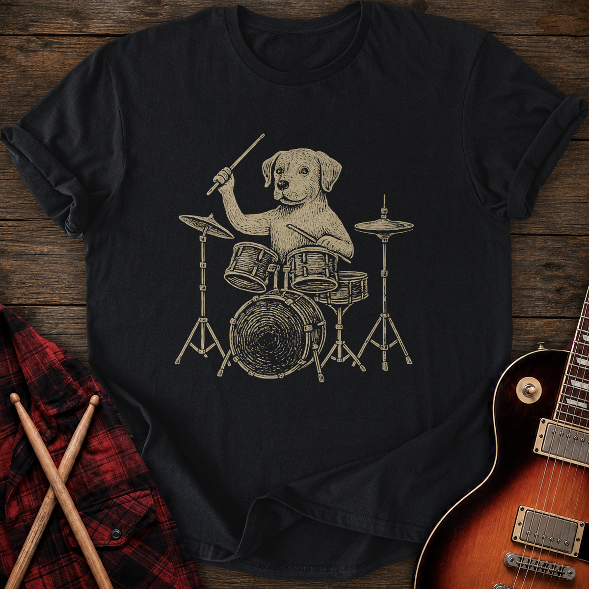 SOUNDOSE Dog Drummer T-Shirt โ Black t-shirt