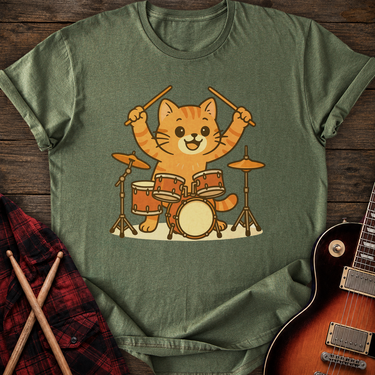 SOUNDOSE Drum Cat T-shirt — Military Green t-shirt