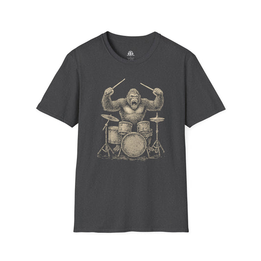 Gorilla Drummer T-Shirt in Dark Heather. A gorilla on drums. Eats bananas, breaks sticks, never misses rehearsal.