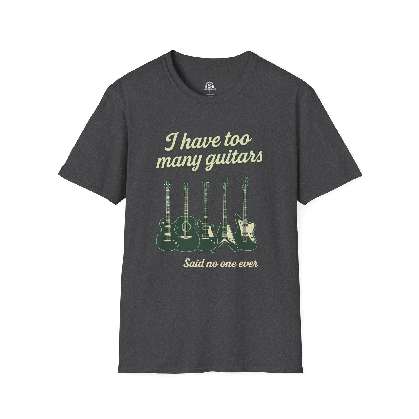 Many Guitars T-Shirt – Dark Heather front view