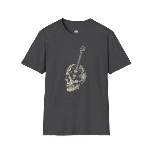 Skull Guitar T-Shirt in Dark Heather. A skull and an electric guitar, rock's oldest duo, still refusing to rest in peace.