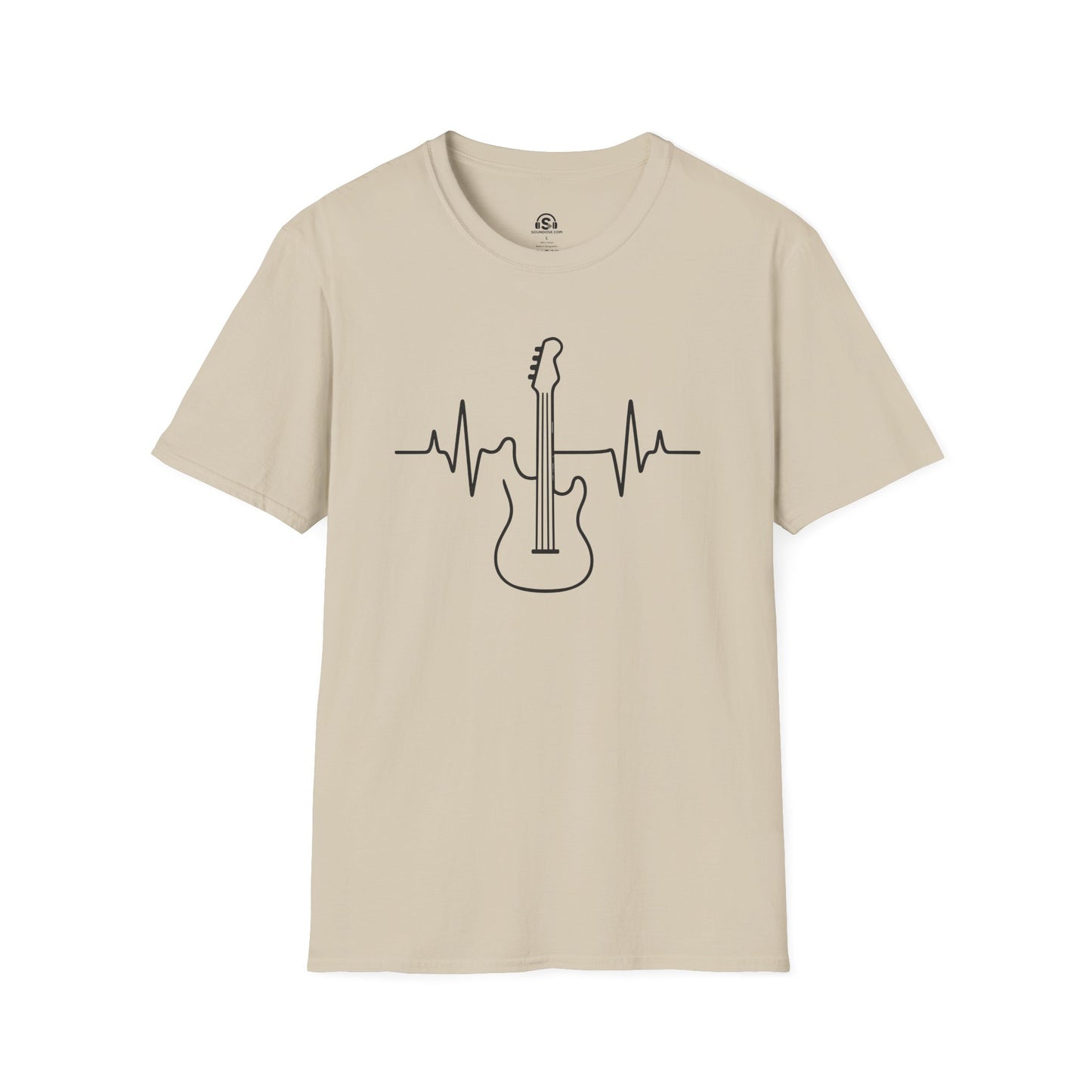 Bass Pulse T-Shirt in Sand. A heartbeat drawn in one continuous line, straight through a bass, cardiology for players.