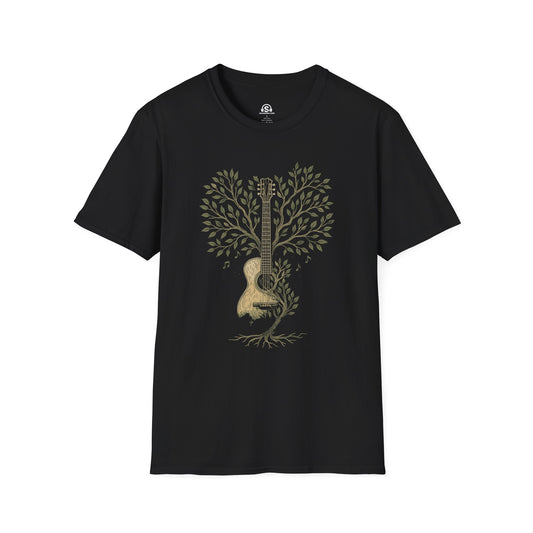 Guitar Tree T-Shirt in Black. A boho tree of life growing guitars instead of fruit, finally, agriculture worth pursuing.