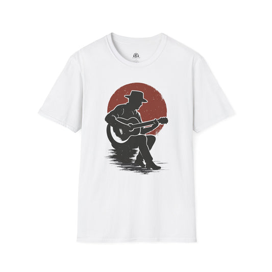 Guitar Silhouette T-Shirt in White. A lone guitarist at sunset by the campfire, no setlist, no audience, no complaints.