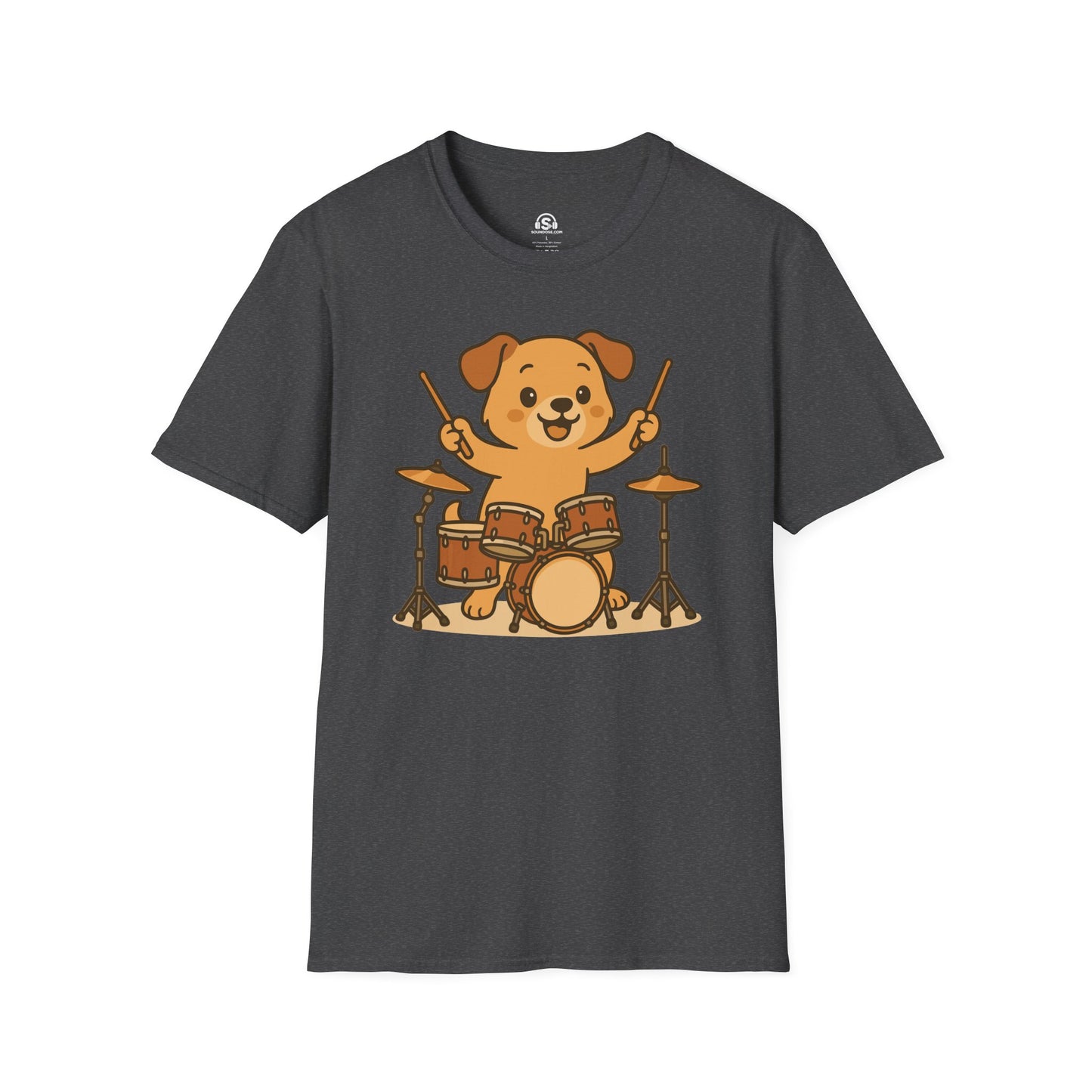 Drum Dog T-shirt – Dark Heather front view