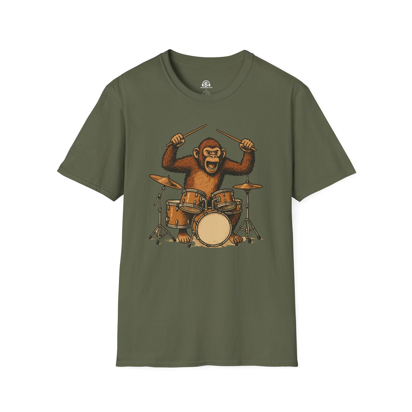 Monkey Drummer T-Shirt – Military Green front view