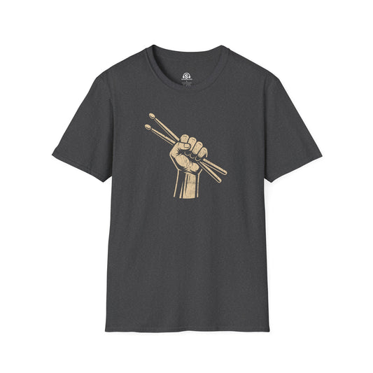Drumsticks T-Shirt in Dark Heather. A raised fist holding drumsticks. Because some revolutions start at 120 BPM.