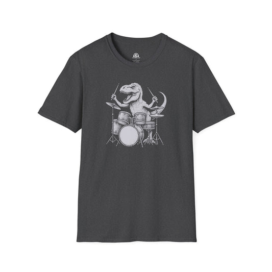 T-Rex Drum T-Shirt in Dark Heather. The only drummer who never complains about carrying the gear. He can't.