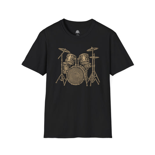 Drumkit Illustration T-Shirt in Black. Every lug, stand, and cymbal, drawn by someone who has clearly carried them all upstairs.