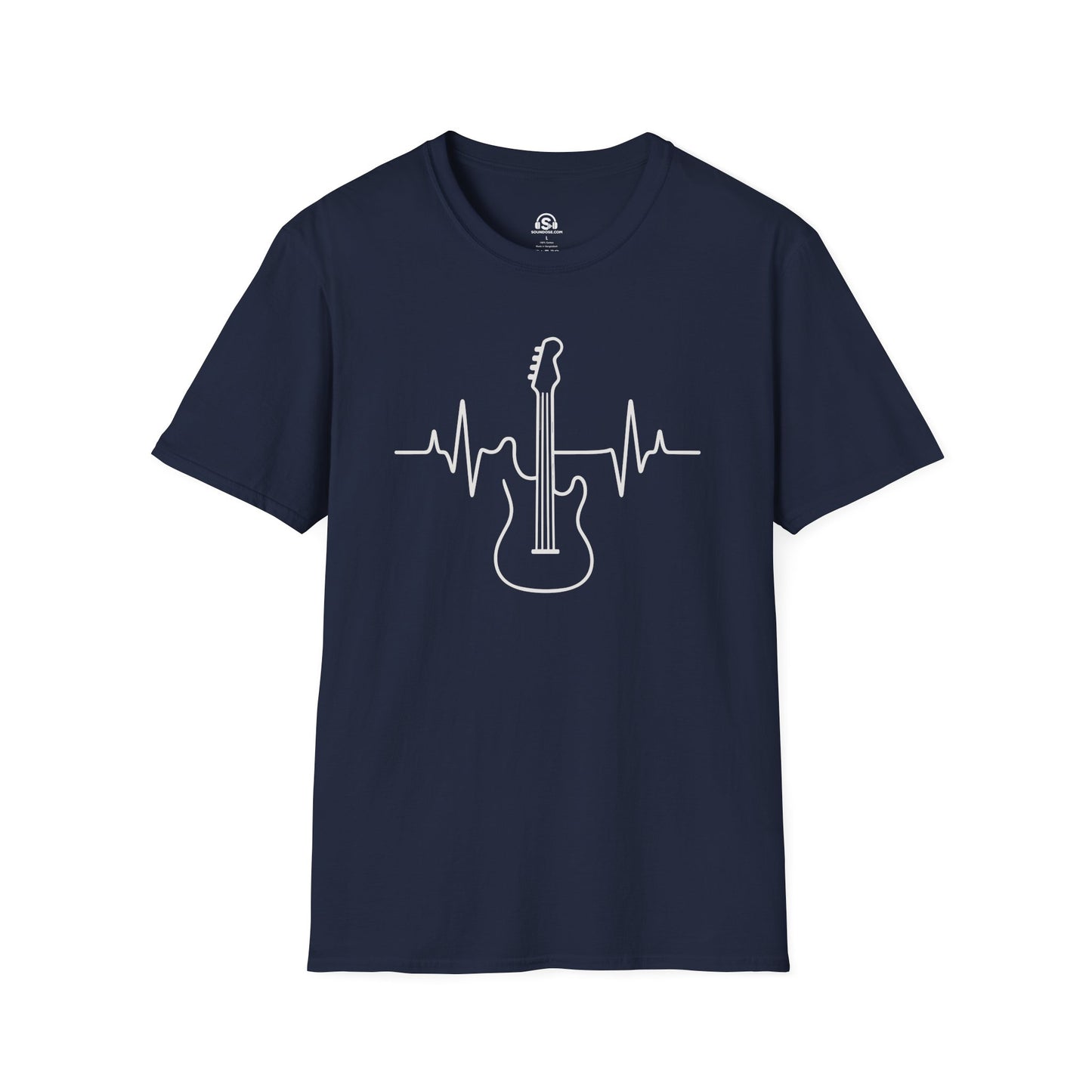 Bass Pulse T-Shirt in Navy. A heartbeat drawn in one continuous line, straight through a bass, cardiology for players.