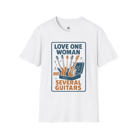 One Woman T-Shirt in White. "Love One Woman and Several Guitars"