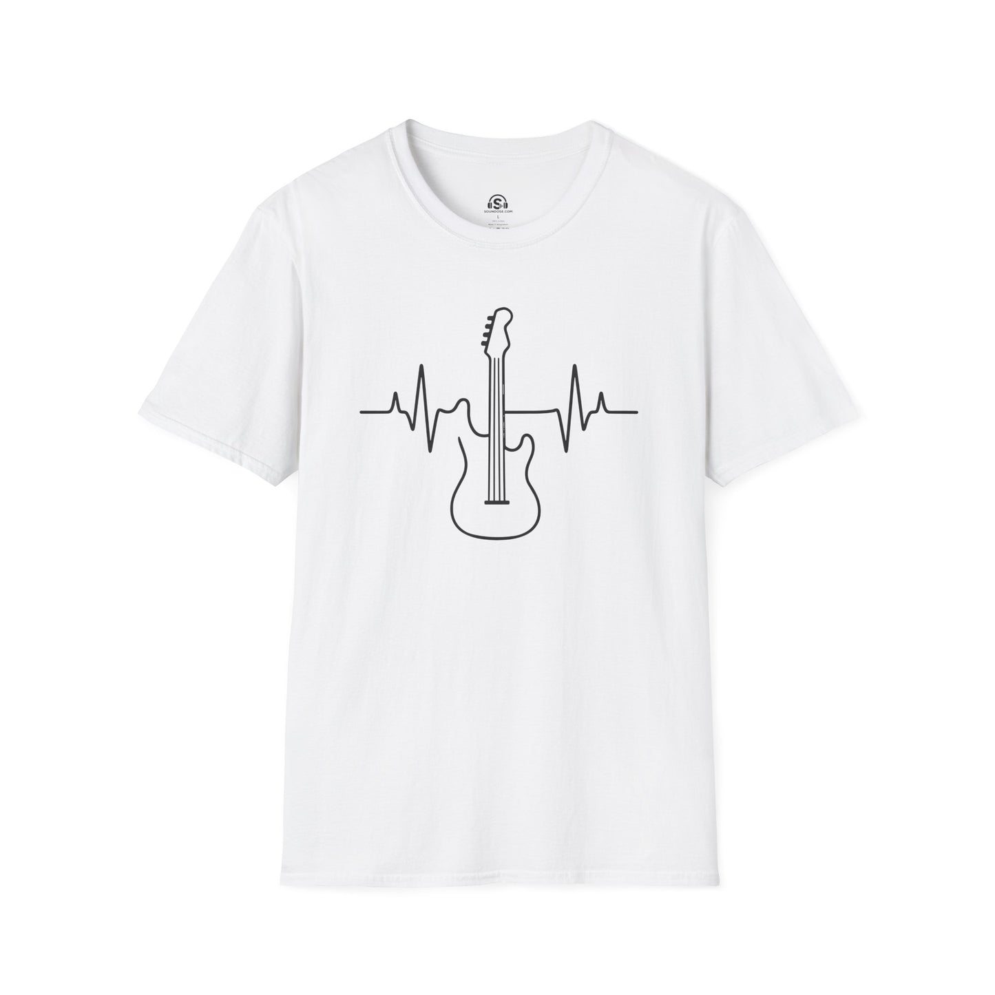 Bass Pulse T-Shirt in White. A heartbeat drawn in one continuous line, straight through a bass, cardiology for players.