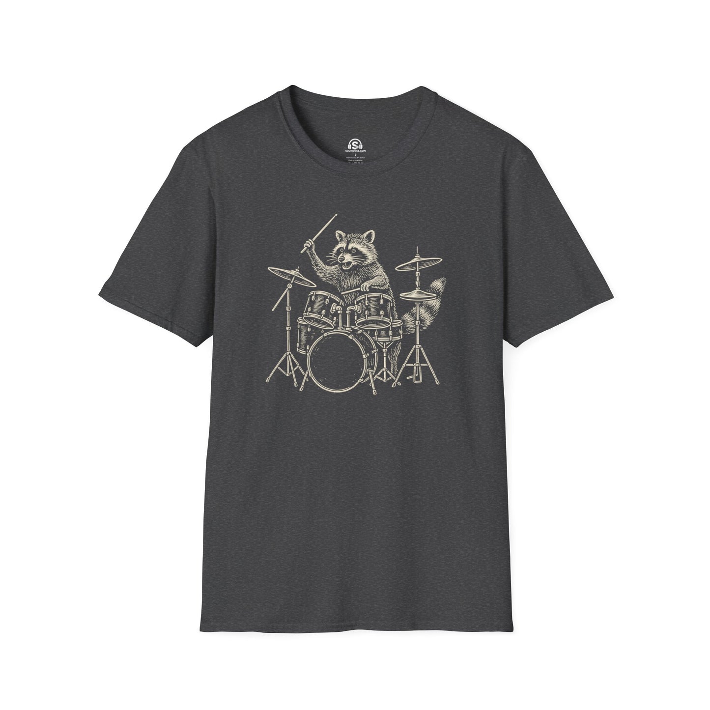 Raccoon Drummer T-Shirt – Dark Heather front view