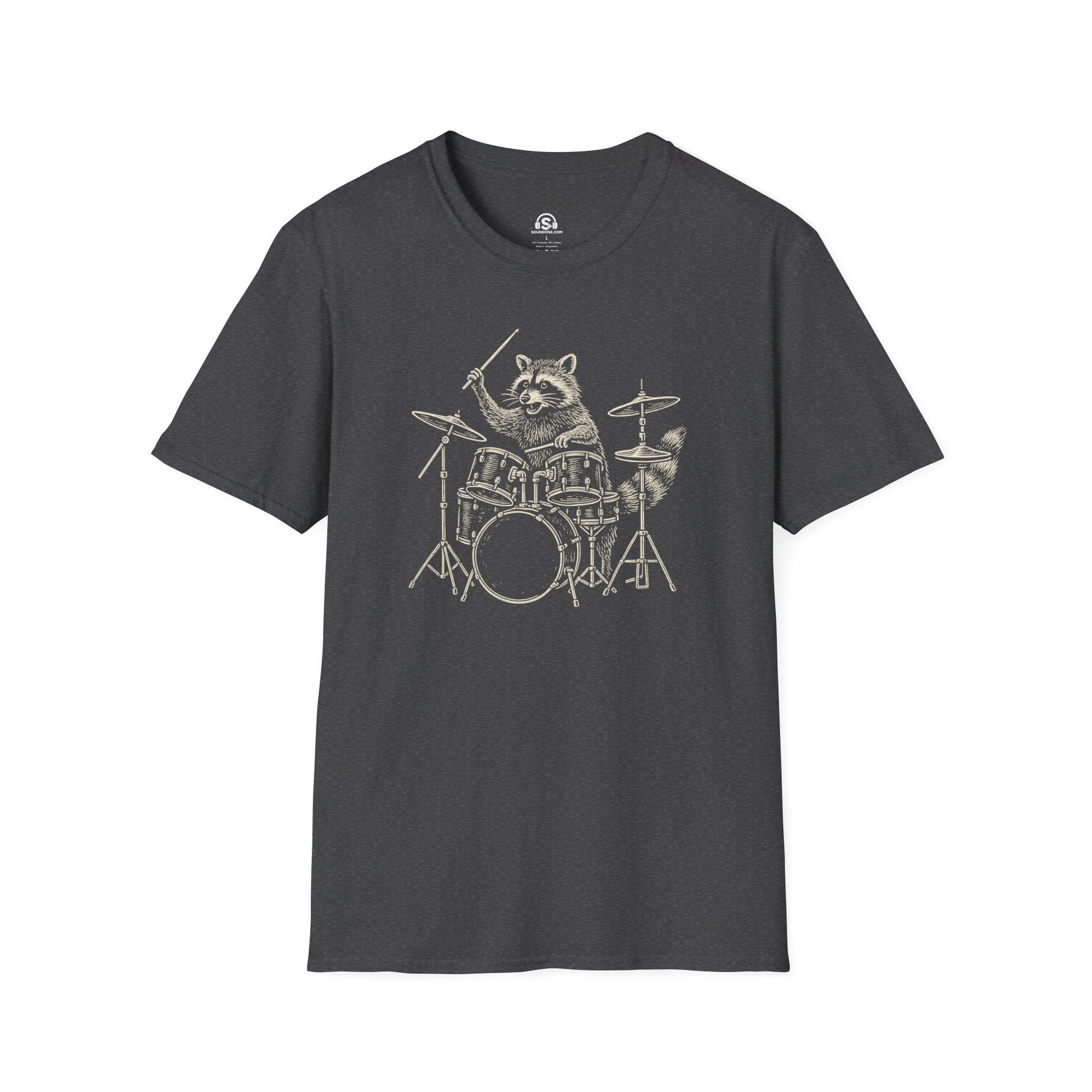 Raccoon Drummer T-Shirt – Dark Heather front view