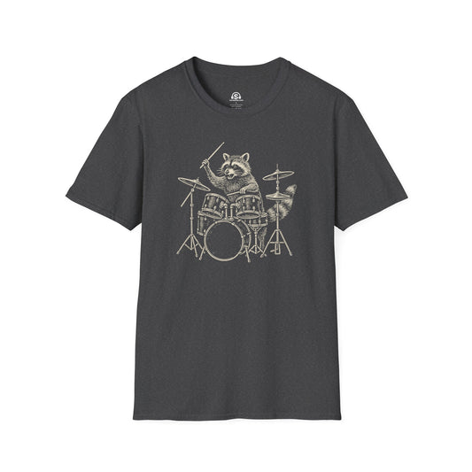 Raccoon Drummer T-Shirt in Dark Heather. A raccoon on drums. Plays all night, raids the green room after.