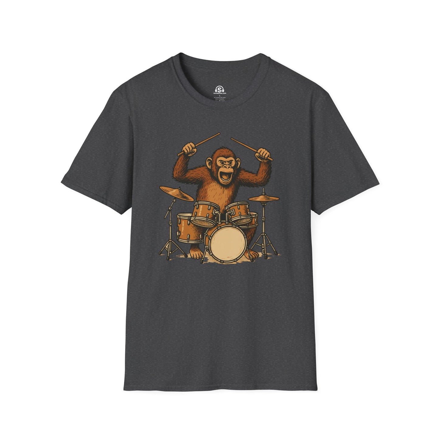 Monkey Drummer T-Shirt – Dark Heather front view