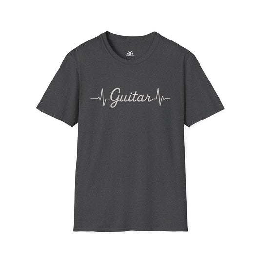 Heartbeat Guitar T-Shirt in Dark Heather. An EKG that resolves into a guitar, medically speaking, this is what keeps you going.