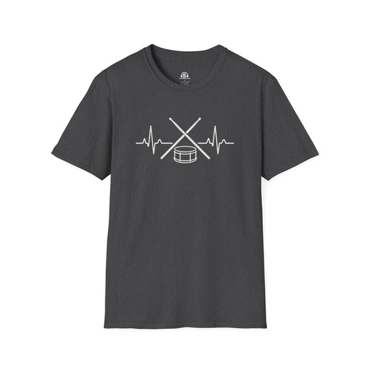 Heartbeat Drummer T-Shirt in Dark Heather. An EKG line that turns into a drum kit. Doctors call it a pulse. Drummers call it Tuesday.