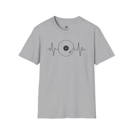 Record Heartbeat T-Shirt in Sport Grey. An EKG that ends in vinyl. The cardiologist has questions; the record collection has answers.