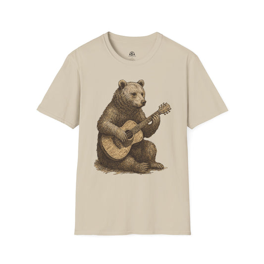 Grizzly Bear T-Shirt in Sand. A grizzly bear strumming acoustic folk, the woods finally got the singer-songwriter they deserved.