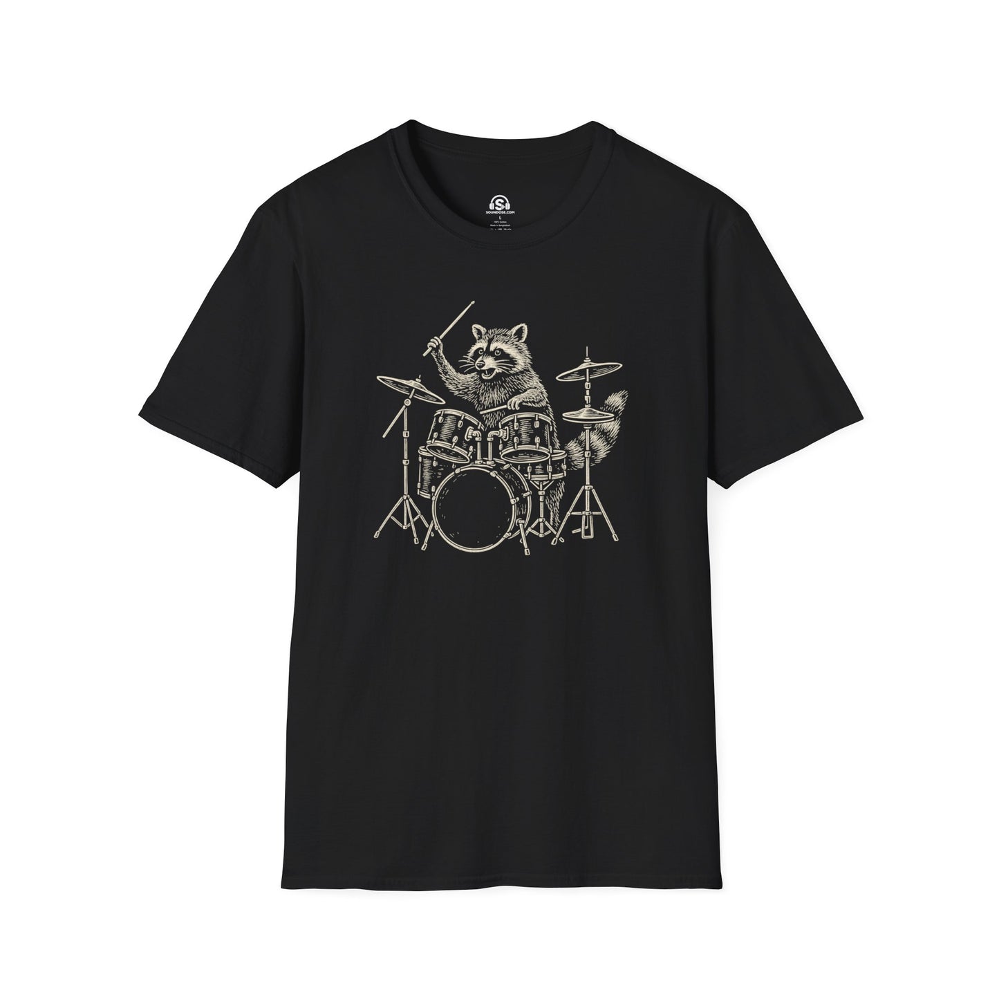 Raccoon Drummer T-Shirt – Black front view