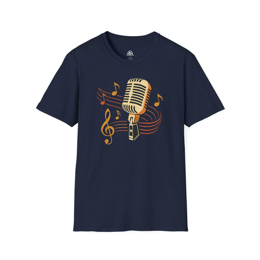 Retro Microphone T-Shirt in Navy. A chrome-era microphone from the fifties. It has heard better singers than you, and it kept quiet.