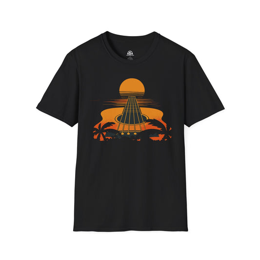 Acoustic Sunset T-Shirt in Black. An acoustic guitar, a sunset, and nowhere else to be. For players who like their evenings unplugged.