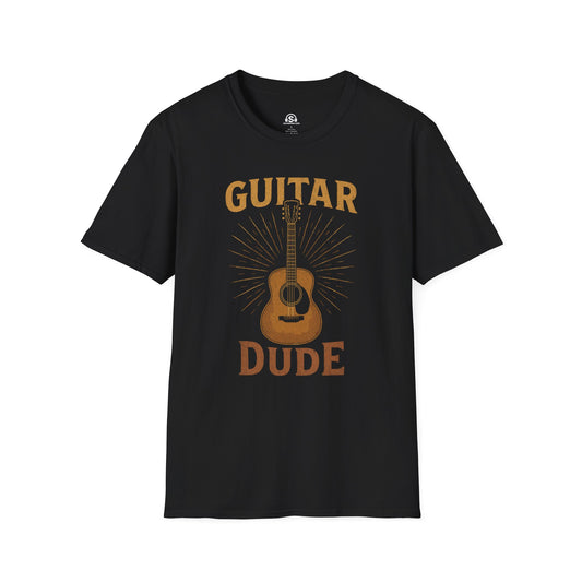 Guitar Dude T-Shirt in Black. Six strings, one porch, no plans. The dude abides in open tuning.