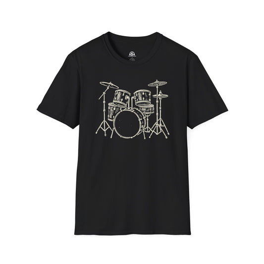 Drum kit T-Shirt in Black. A full drum kit, faithfully drawn. The quietest it will ever be.