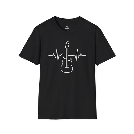 Bass Pulse T-Shirt in Black. A heartbeat drawn in one continuous line, straight through a bass, cardiology for players.