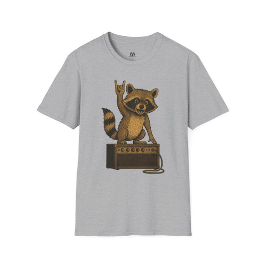 Raccoon Amp T-Shirt in Sport Grey. A raccoon guarding his amplifier, the one piece of gear he refuses to share.