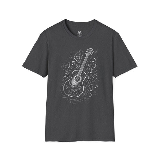 Acoustic Vibes T-Shirt in Dark Heather. Hand-drawn acoustic line art for players who keep it simple: six strings, good vibes, no pedalboard.