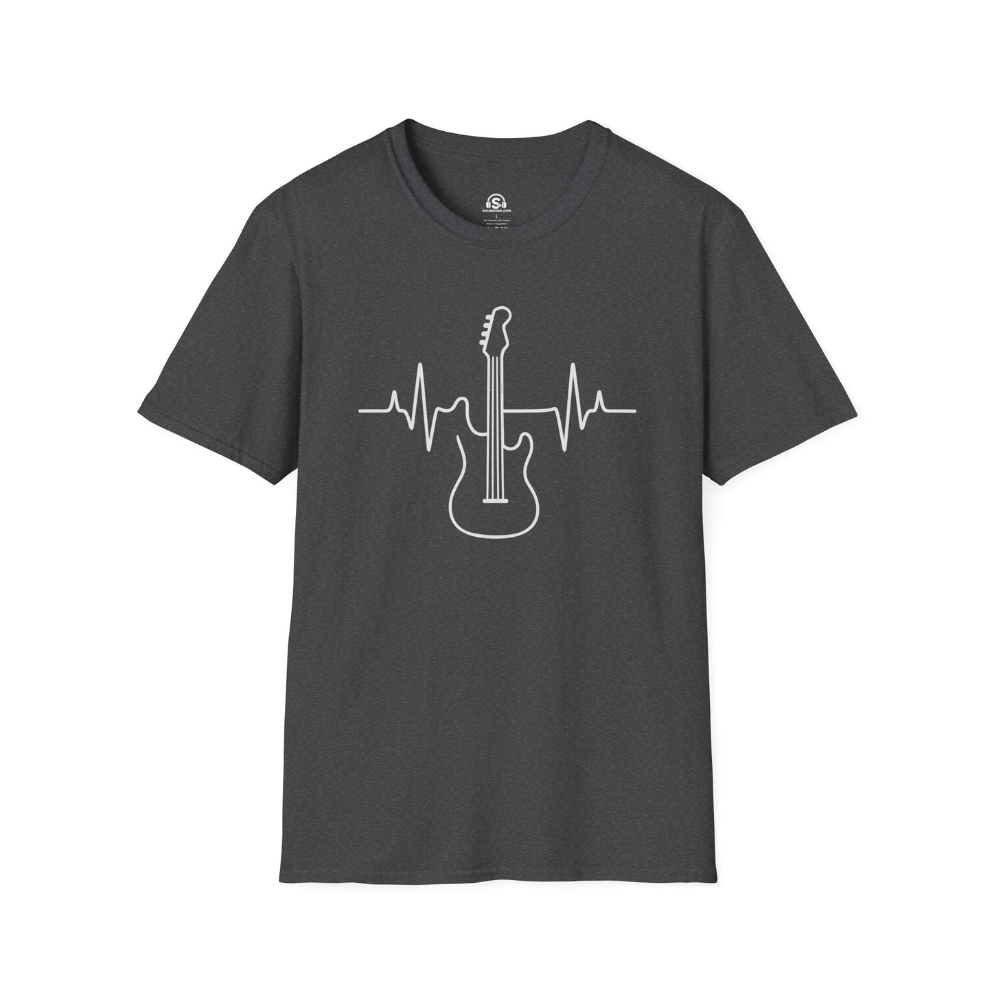 Bass Pulse T-Shirt in Dark Heather. A heartbeat drawn in one continuous line, straight through a bass, cardiology for players.