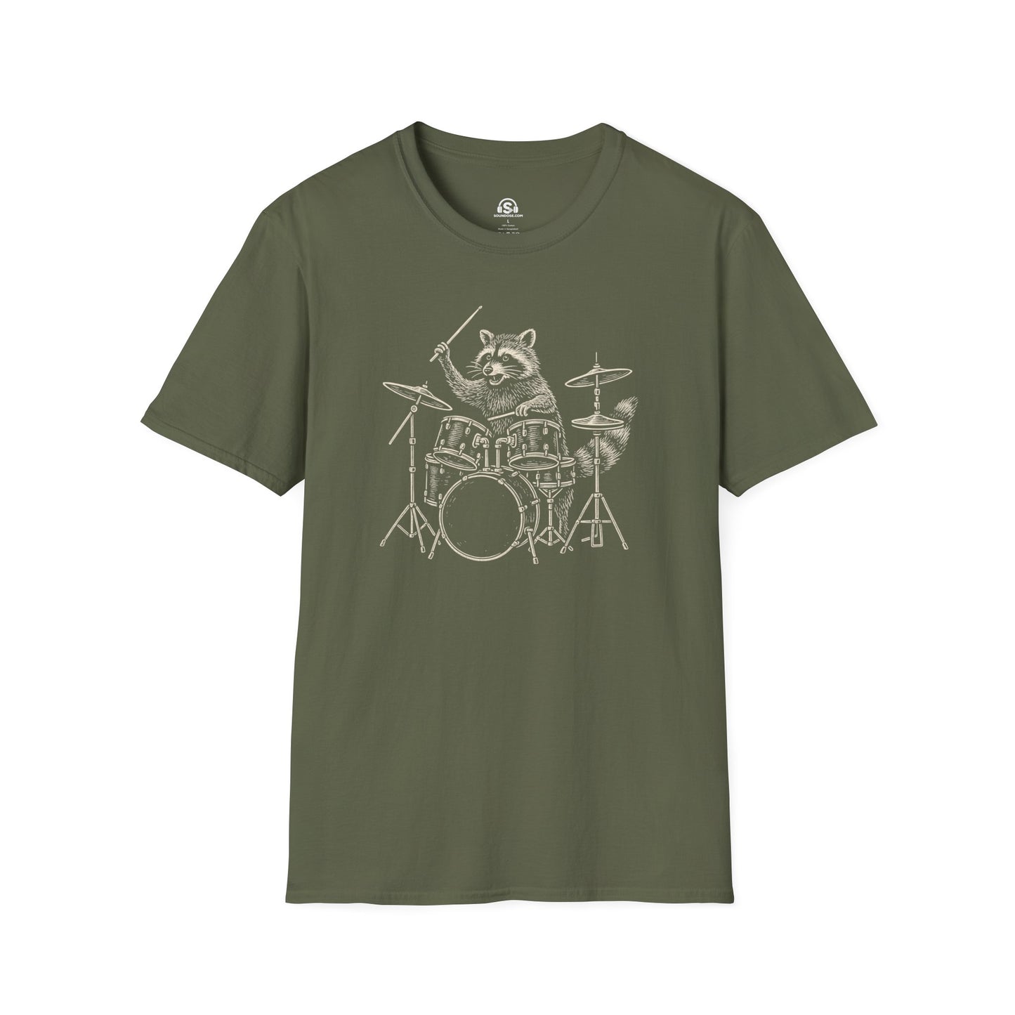 Raccoon Drummer T-Shirt – Military Green front view