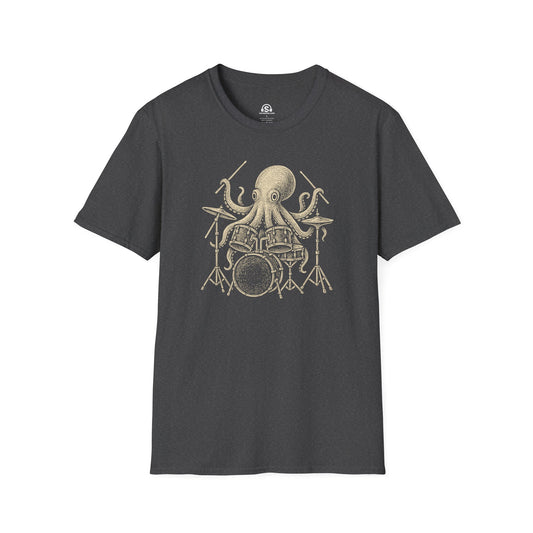Octopus Drummer T-Shirt in Dark Heather. An octopus on a full kit. Eight limbs, zero excuses for skipping the fill.