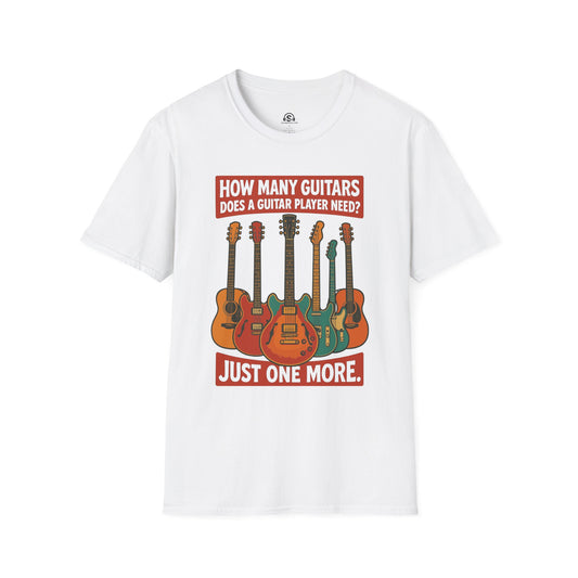 Guitar Collection T-Shirt in White. A neatly arranged row of guitars, proof that 'just one more' is a lifestyle, not a phase.