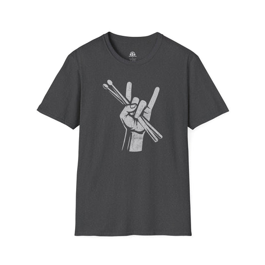 Rock Hand T-Shirt in Dark Heather. The universal rock salute, armed with drumsticks, everything gets counted in at four.