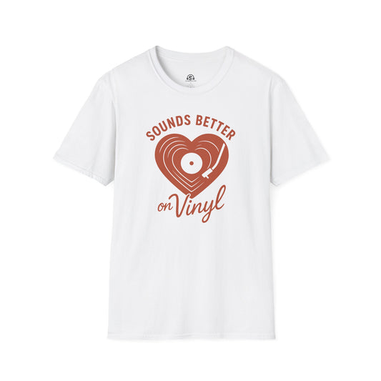 Vinyl Heart T-Shirt in White. A record pressed into the shape of a heart. Thirty-three and a third beats per minute.