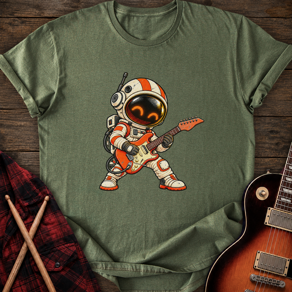 SOUNDOSE Alien Astronaut Guitarist T-Shirt — Military Green t-shirt