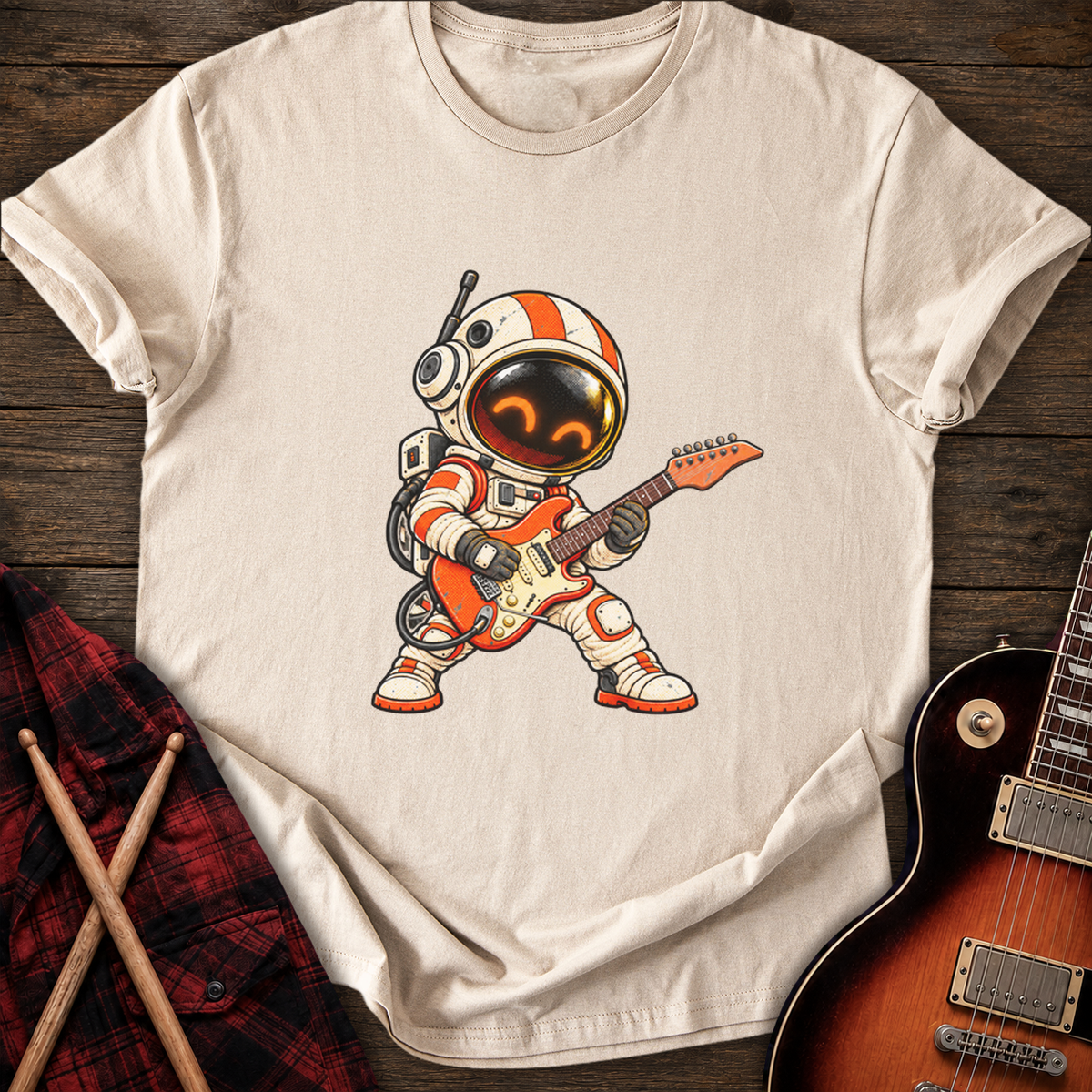 SOUNDOSE Alien Astronaut Guitarist T-Shirt — Sand t-shirt