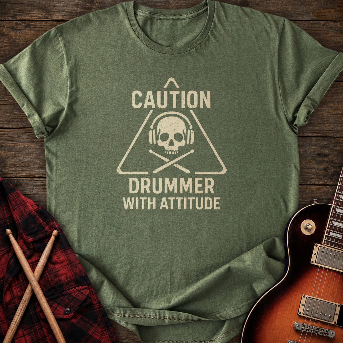 SOUNDOSE Drummer Caution T-Shirt — Military Green t-shirt