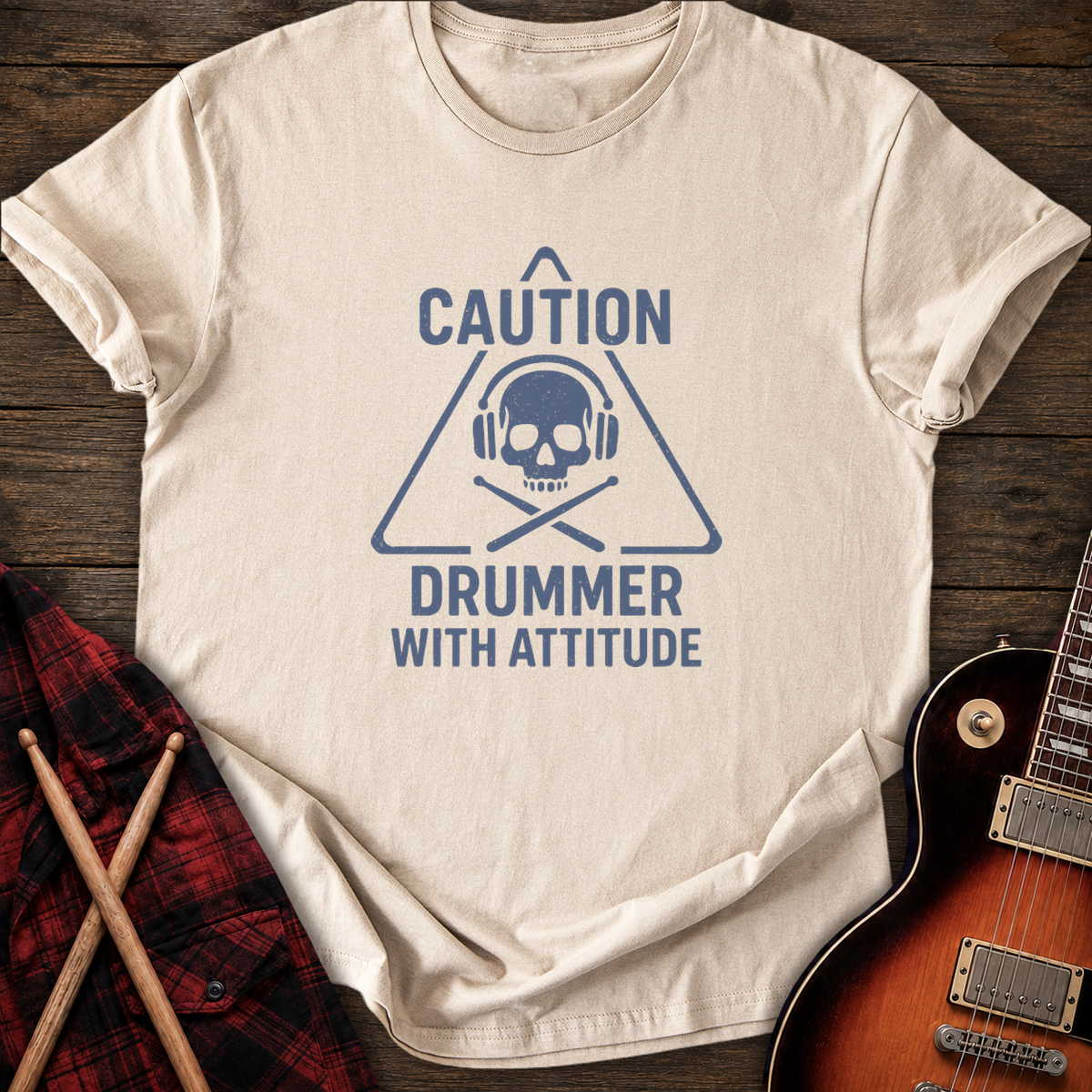 SOUNDOSE Drummer Caution T-Shirt — Sand t-shirt