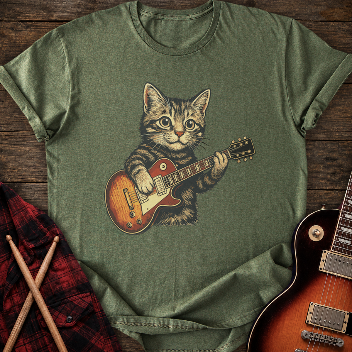 SOUNDOSE Guitar Kitten T-Shirt — Military Green t-shirt