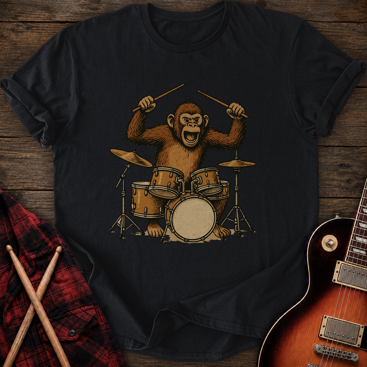 SOUNDOSE Monkey Drummer T-Shirt — Black t-shirt