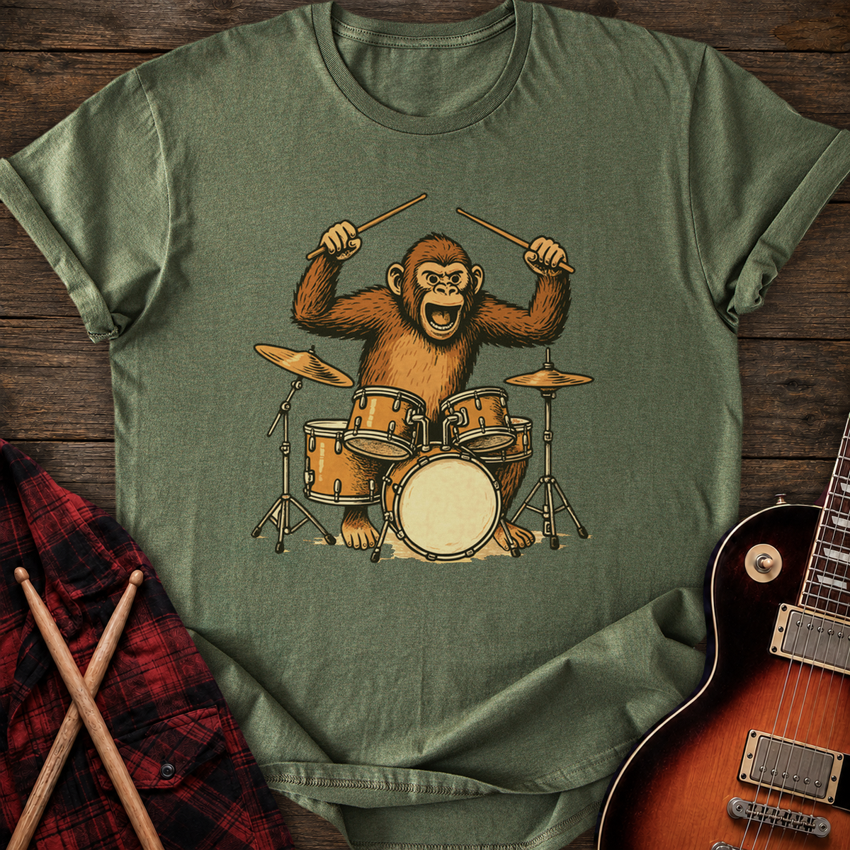 SOUNDOSE Monkey Drummer T-Shirt — Military Green t-shirt