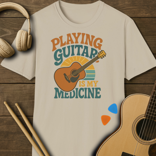 SOUNDOSE Playing Guitar T-Shirt — Sand t-shirt