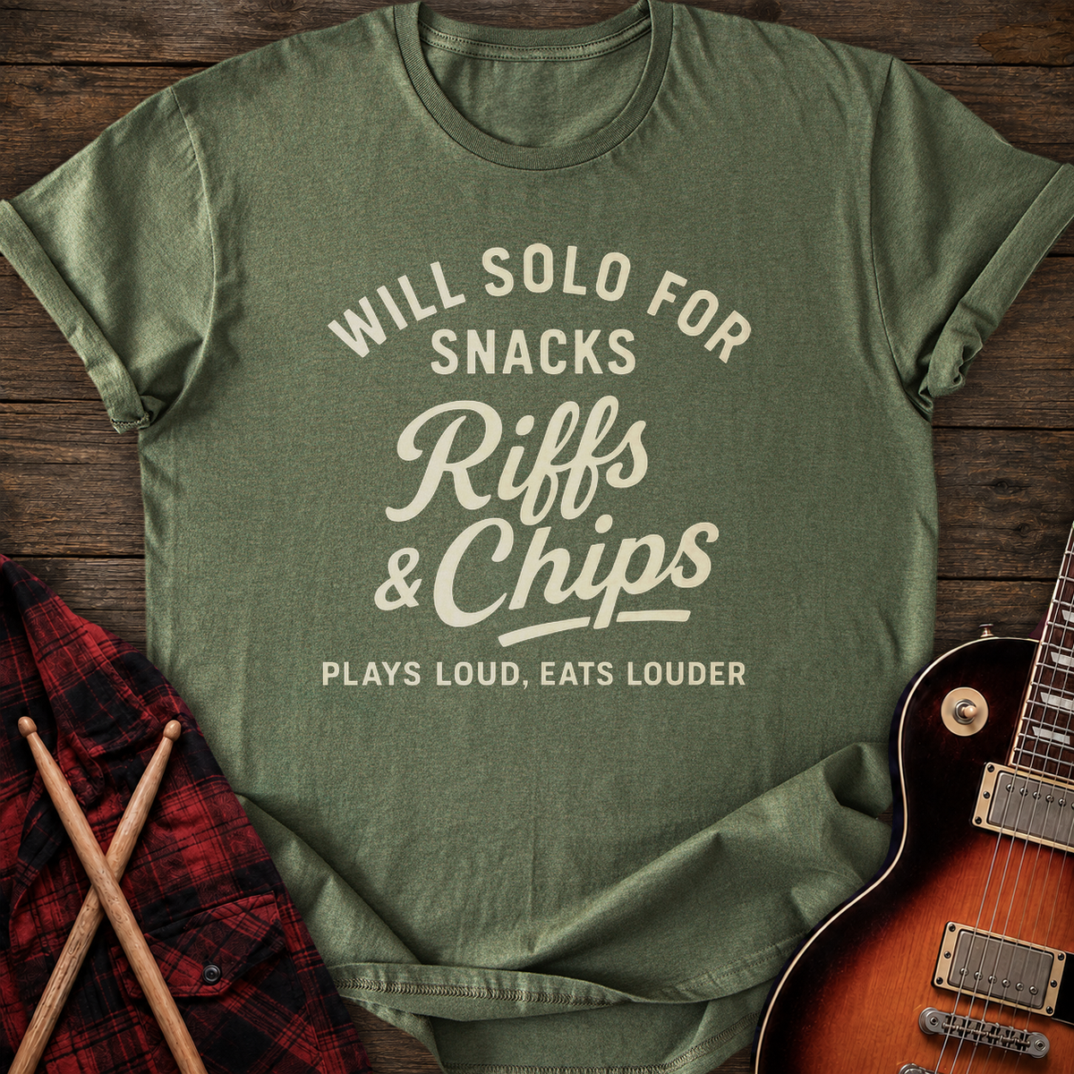 SOUNDOSE Riffs N Chips T-Shirt — Military Green t-shirt